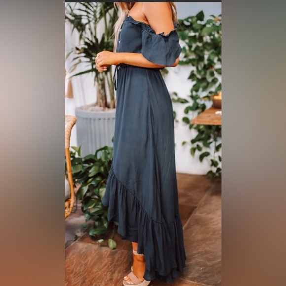 Magnolia Boutique Off The Shoulder Button Down High Low Maxi Dress, Navy, Small - Picture 5 of 9